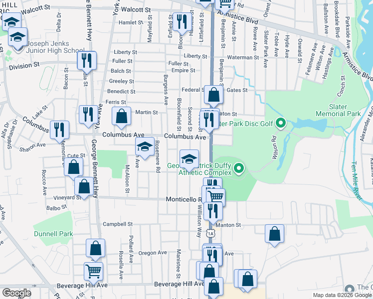 map of restaurants, bars, coffee shops, grocery stores, and more near 33 Woodhaven Road in Pawtucket