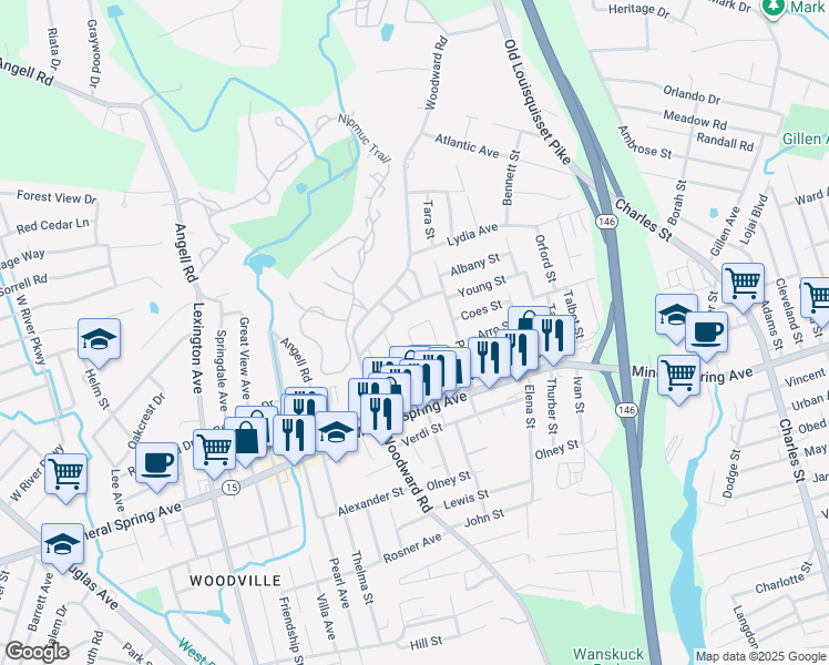 map of restaurants, bars, coffee shops, grocery stores, and more near 9 Hillview Drive in North Providence