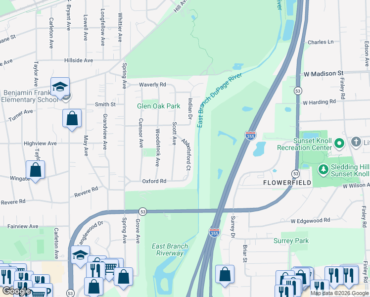 map of restaurants, bars, coffee shops, grocery stores, and more near 270 Abbotsford Court in Glen Ellyn