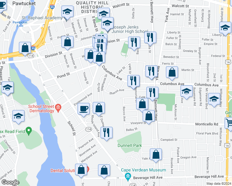 map of restaurants, bars, coffee shops, grocery stores, and more near 67 Sharon Avenue in Pawtucket