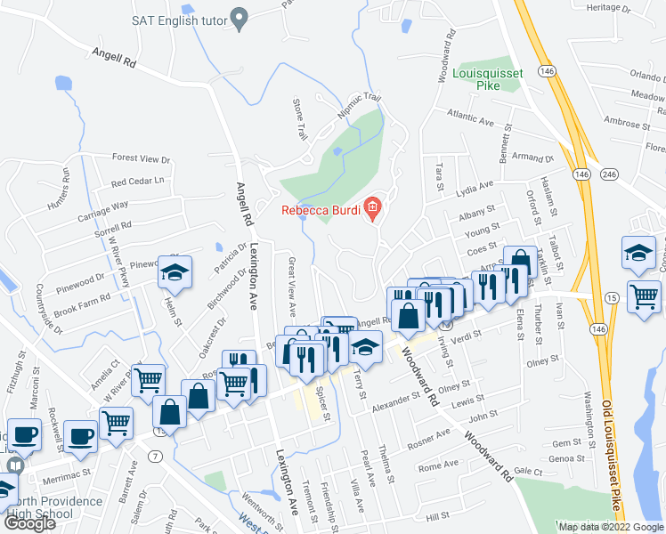 map of restaurants, bars, coffee shops, grocery stores, and more near 100 Nipmuc Trail in North Providence