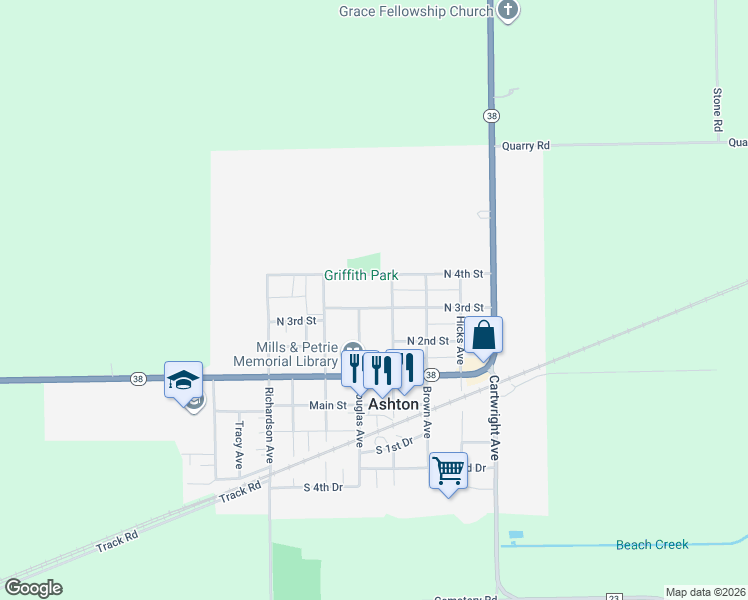 map of restaurants, bars, coffee shops, grocery stores, and more near 806 North 3rd Street in Ashton