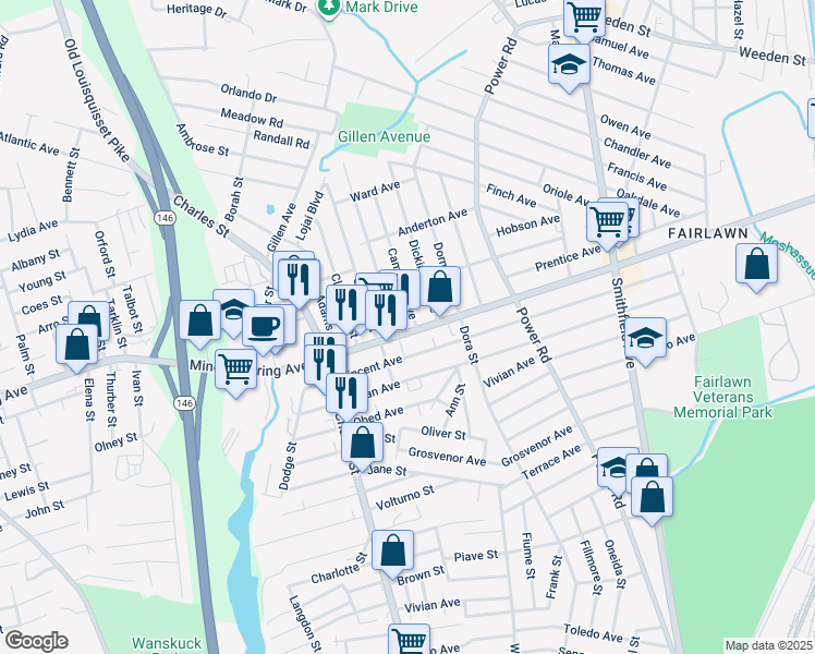 map of restaurants, bars, coffee shops, grocery stores, and more near 5 Baird Avenue in North Providence