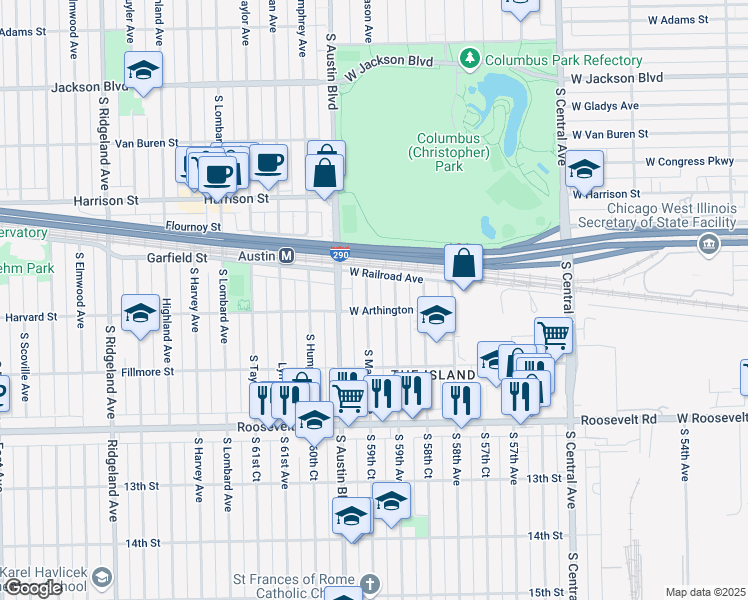 map of restaurants, bars, coffee shops, grocery stores, and more near 929 South Mason Avenue in Chicago