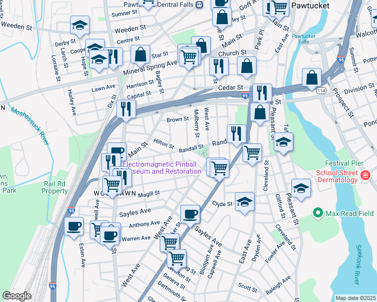 map of restaurants, bars, coffee shops, grocery stores, and more near 92 Jefferson Avenue in Pawtucket