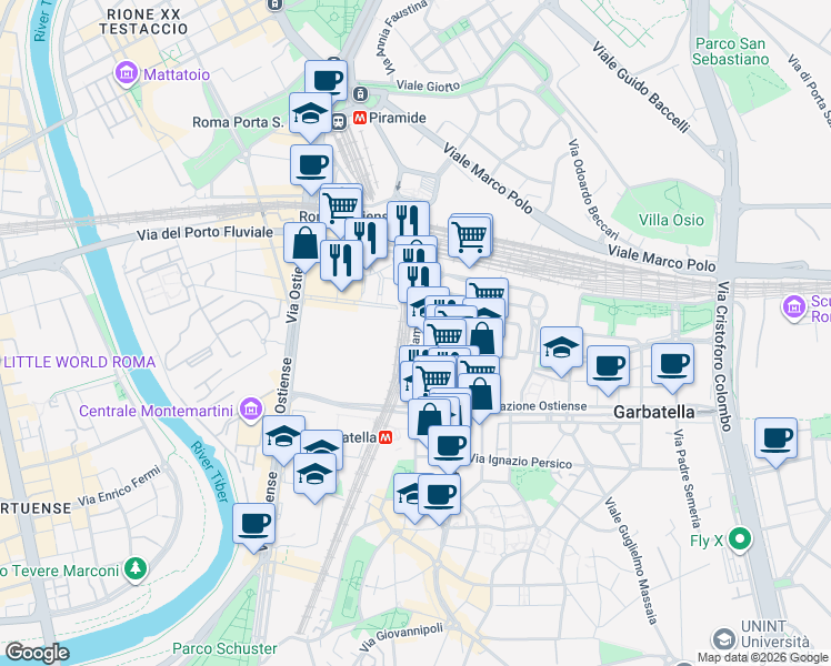 map of restaurants, bars, coffee shops, grocery stores, and more near 27 Via Girolamo Benzoni in Roma