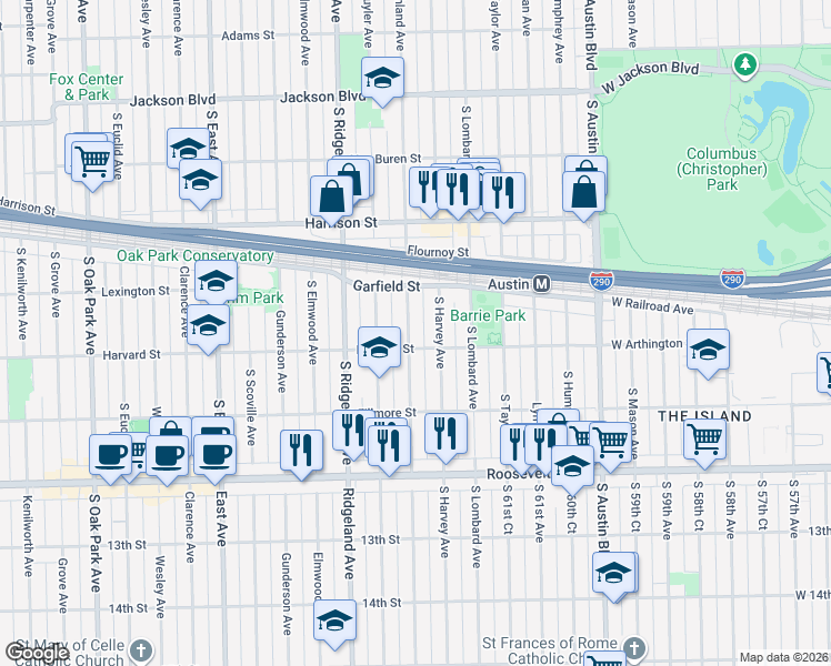 map of restaurants, bars, coffee shops, grocery stores, and more near 1036 Highland Avenue in Oak Park