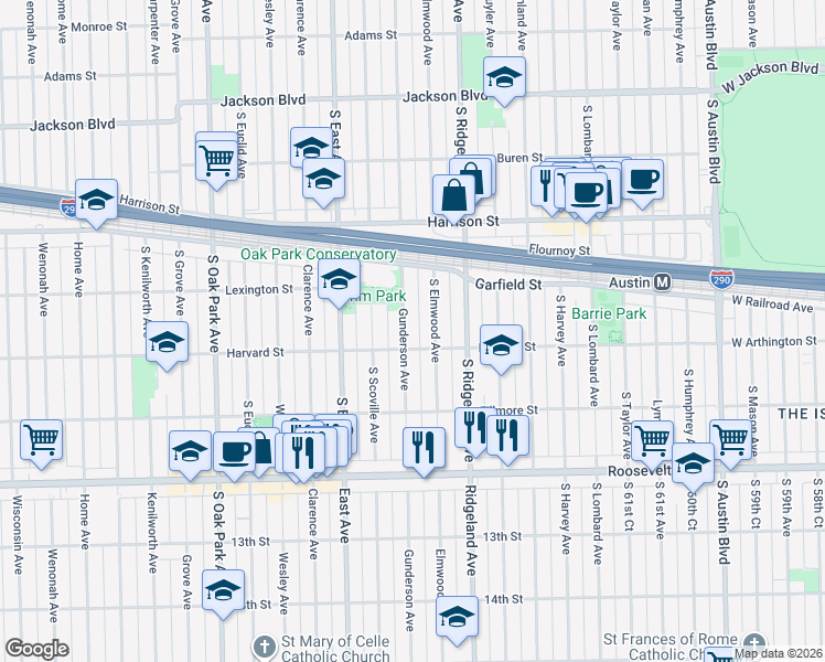 map of restaurants, bars, coffee shops, grocery stores, and more near 1034 Gunderson Avenue in Oak Park