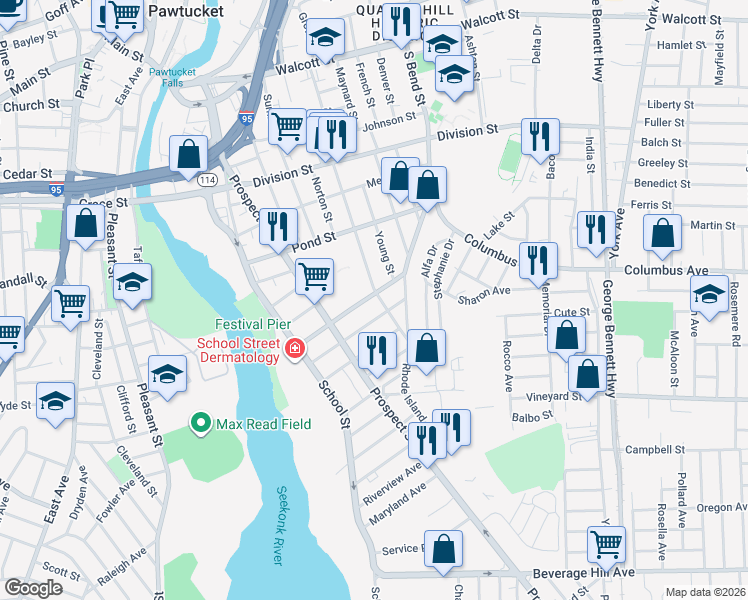 map of restaurants, bars, coffee shops, grocery stores, and more near 131 Beechwood Avenue in Pawtucket