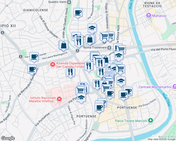 map of restaurants, bars, coffee shops, grocery stores, and more near 13 Via Giuseppe Ravizza in Roma