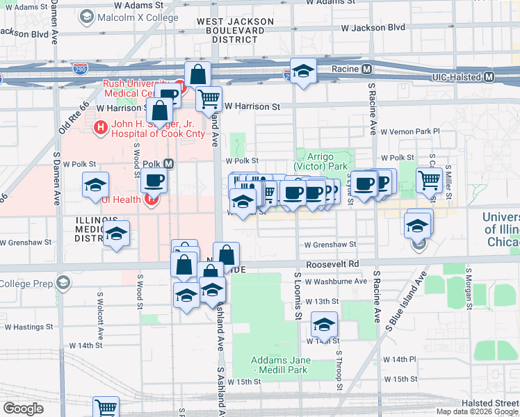 map of restaurants, bars, coffee shops, grocery stores, and more near 1458 West Taylor Street in Chicago