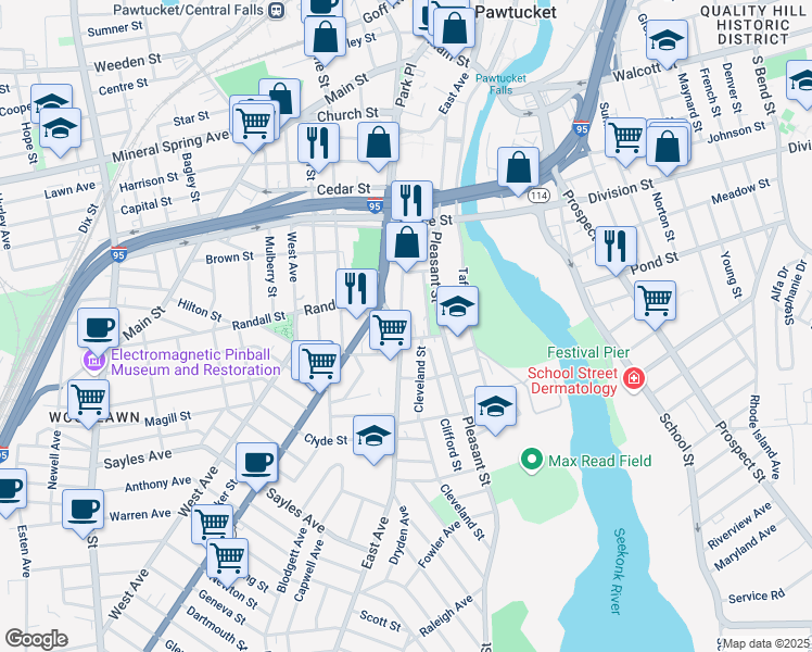 map of restaurants, bars, coffee shops, grocery stores, and more near 342 East Avenue in Pawtucket