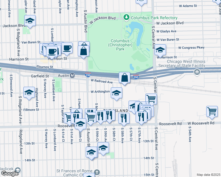 map of restaurants, bars, coffee shops, grocery stores, and more near 920 South Monitor Avenue in Chicago