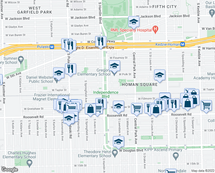 map of restaurants, bars, coffee shops, grocery stores, and more near 919 S Independence Blvd in Chicago