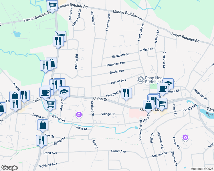 map of restaurants, bars, coffee shops, grocery stores, and more near 83 Talcott Avenue in Vernon