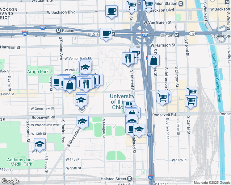 map of restaurants, bars, coffee shops, grocery stores, and more near 917 West Taylor Street in Chicago