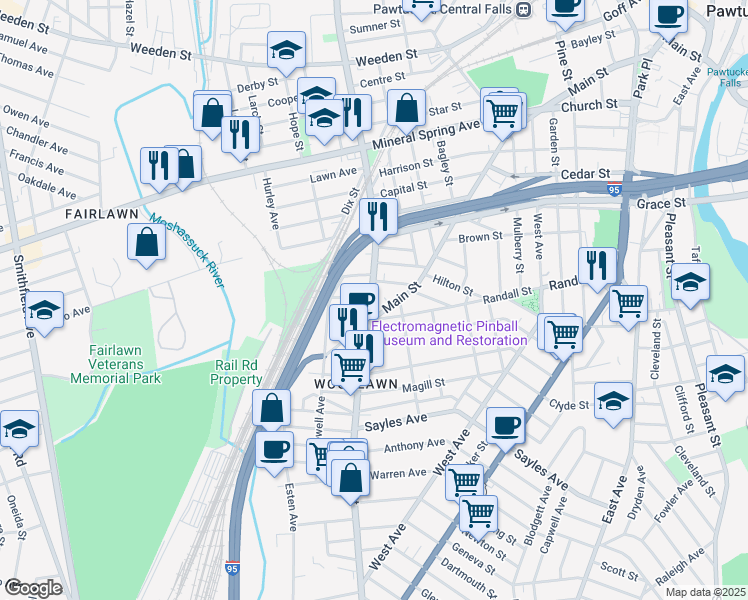 map of restaurants, bars, coffee shops, grocery stores, and more near 33 Lonsdale Avenue in Pawtucket