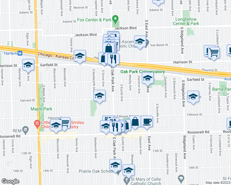 map of restaurants, bars, coffee shops, grocery stores, and more near 1028 South Oak Park Avenue in Oak Park