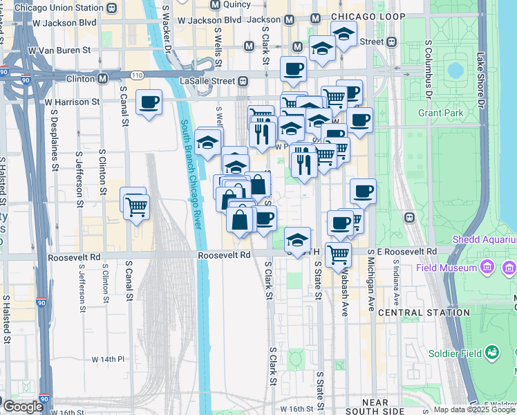map of restaurants, bars, coffee shops, grocery stores, and more near 1000 South Clark Street in Chicago
