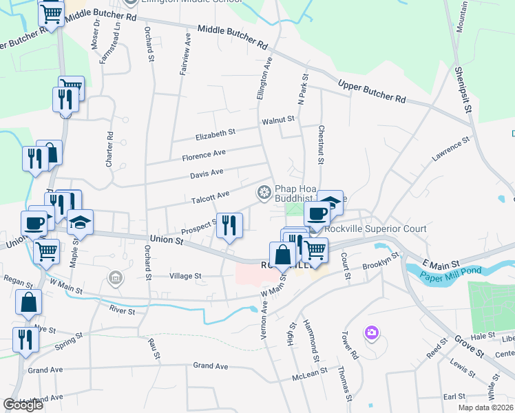 map of restaurants, bars, coffee shops, grocery stores, and more near 91 Prospect Street in Vernon