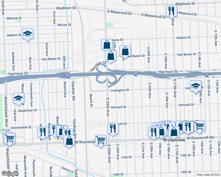 map of restaurants, bars, coffee shops, grocery stores, and more near 2415 Lexington Street in Maywood