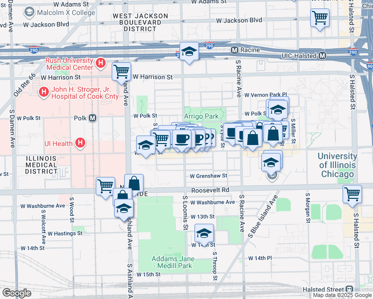 map of restaurants, bars, coffee shops, grocery stores, and more near 927A South Loomis Street in Chicago