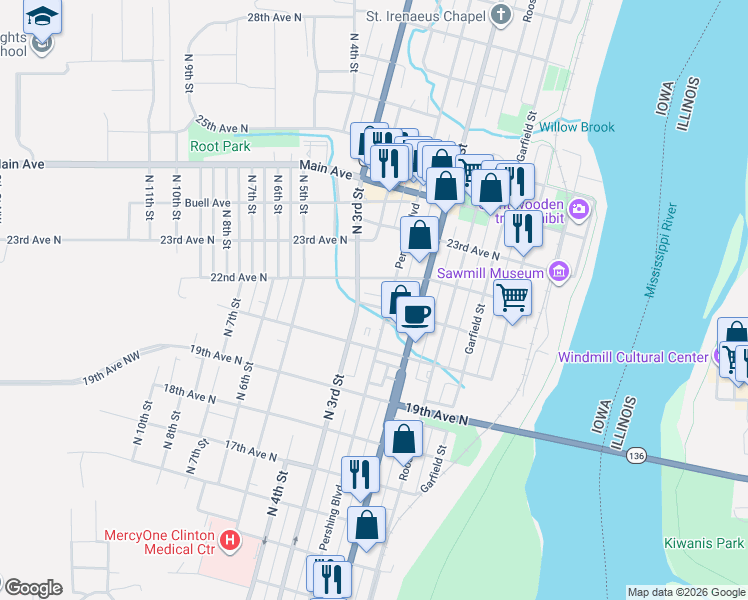 map of restaurants, bars, coffee shops, grocery stores, and more near 262 21st Avenue North in Clinton