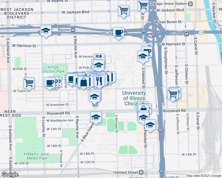 map of restaurants, bars, coffee shops, grocery stores, and more near West Taylor Street in Chicago