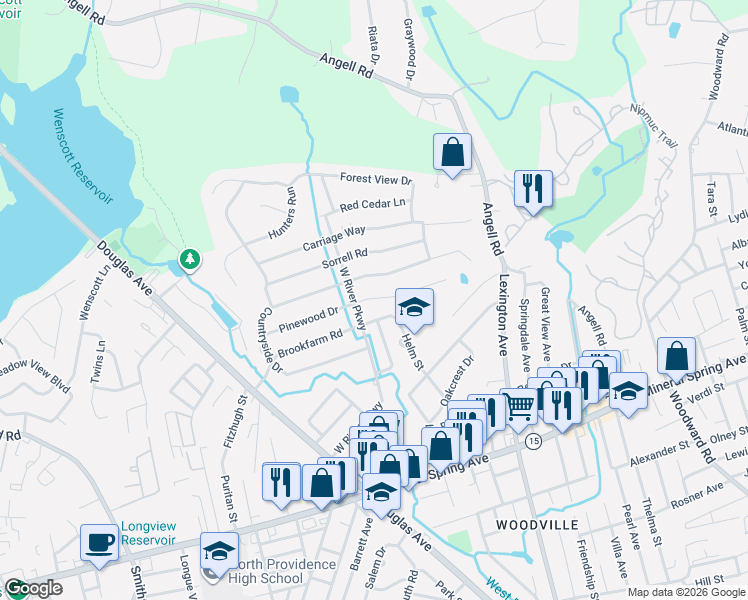 map of restaurants, bars, coffee shops, grocery stores, and more near 40 Pinewood Drive in North Providence