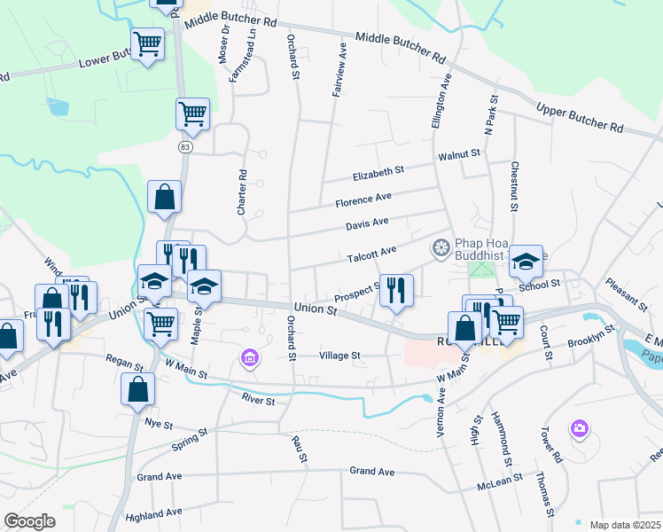 map of restaurants, bars, coffee shops, grocery stores, and more near 83 Talcott Avenue in Vernon