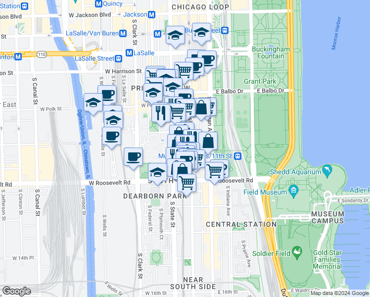 map of restaurants, bars, coffee shops, grocery stores, and more near 1025 South State Street in Chicago