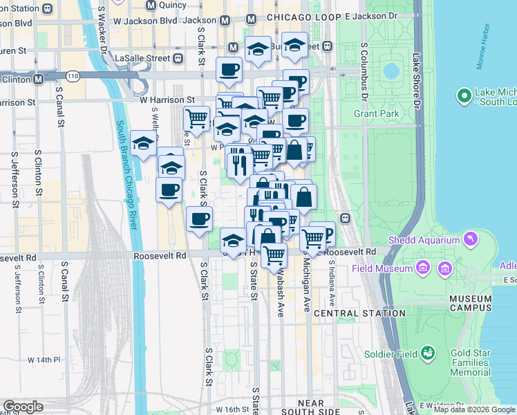map of restaurants, bars, coffee shops, grocery stores, and more near 1025 South State Street in Chicago