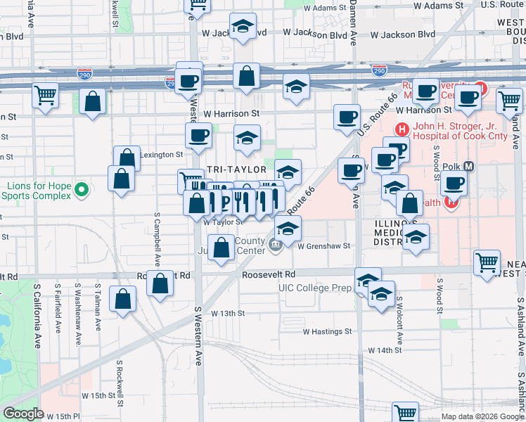map of restaurants, bars, coffee shops, grocery stores, and more near 934 South Bell Avenue in Chicago