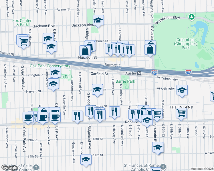map of restaurants, bars, coffee shops, grocery stores, and more near 1036 Highland Avenue in Oak Park