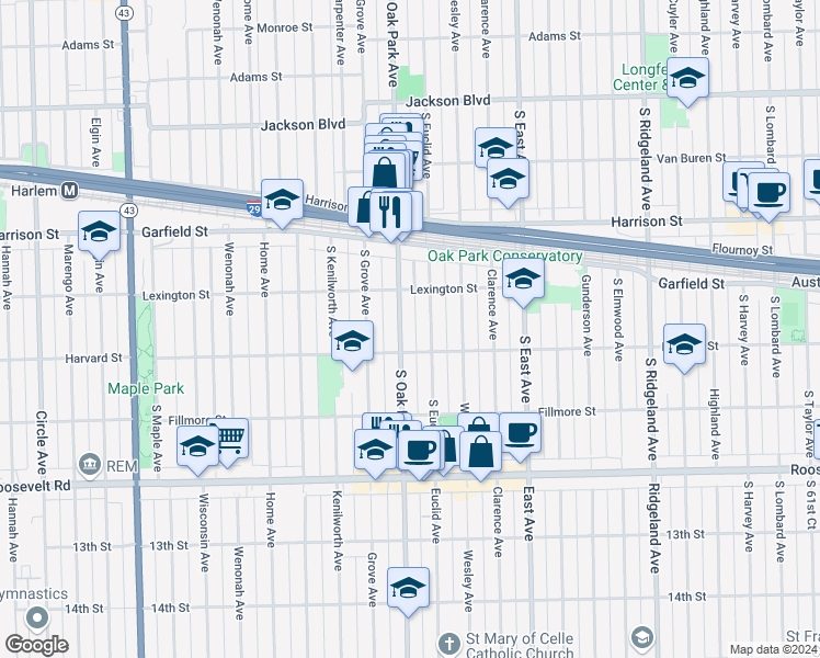 map of restaurants, bars, coffee shops, grocery stores, and more near 1028 South Oak Park Avenue in Oak Park