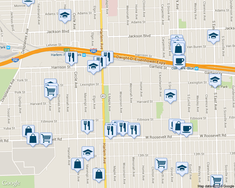 map of restaurants, bars, coffee shops, grocery stores, and more near 1025 Wisconsin Avenue in Oak Park
