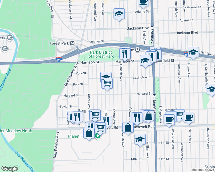 map of restaurants, bars, coffee shops, grocery stores, and more near 922 Beloit Avenue in Forest Park