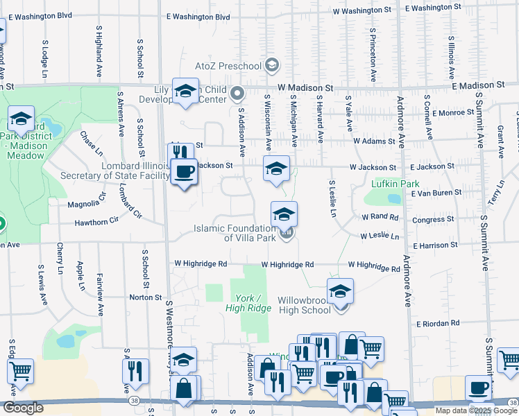 map of restaurants, bars, coffee shops, grocery stores, and more near 861 East Addison Avenue in Lombard