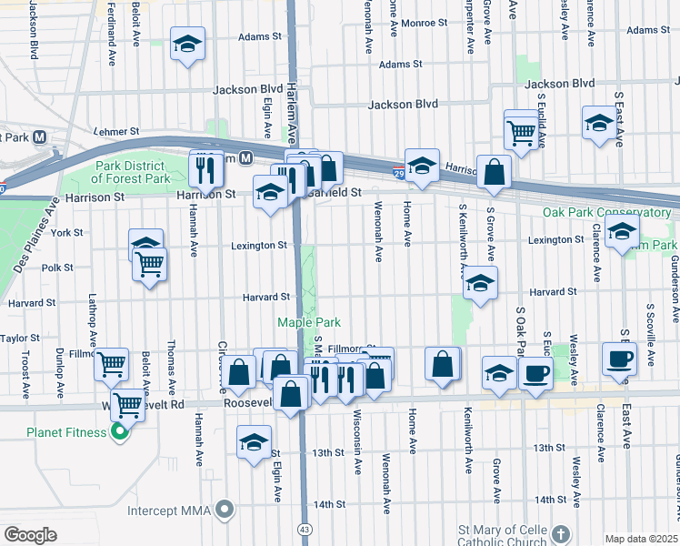 map of restaurants, bars, coffee shops, grocery stores, and more near 1025 Wisconsin Avenue in Oak Park