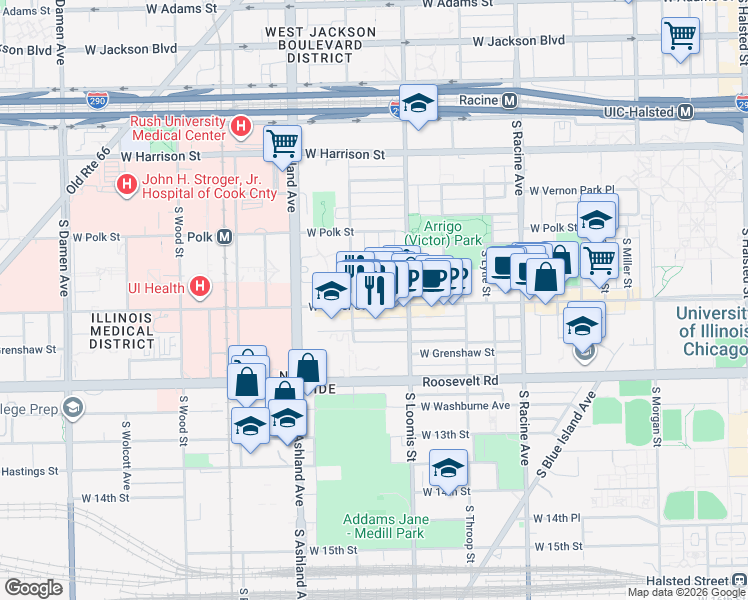 map of restaurants, bars, coffee shops, grocery stores, and more near 1436 West Taylor Street in Chicago