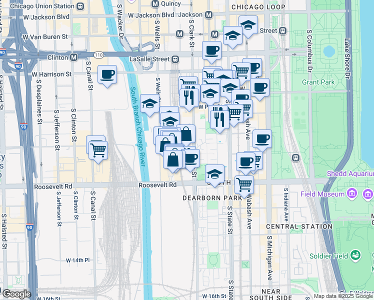 map of restaurants, bars, coffee shops, grocery stores, and more near 1000 South Clark Street in Chicago