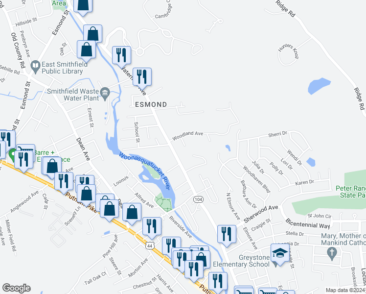 map of restaurants, bars, coffee shops, grocery stores, and more near 9 Autumn Avenue in Smithfield