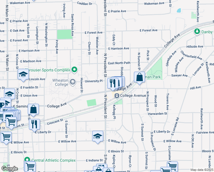 map of restaurants, bars, coffee shops, grocery stores, and more near 409 North President Street in Wheaton