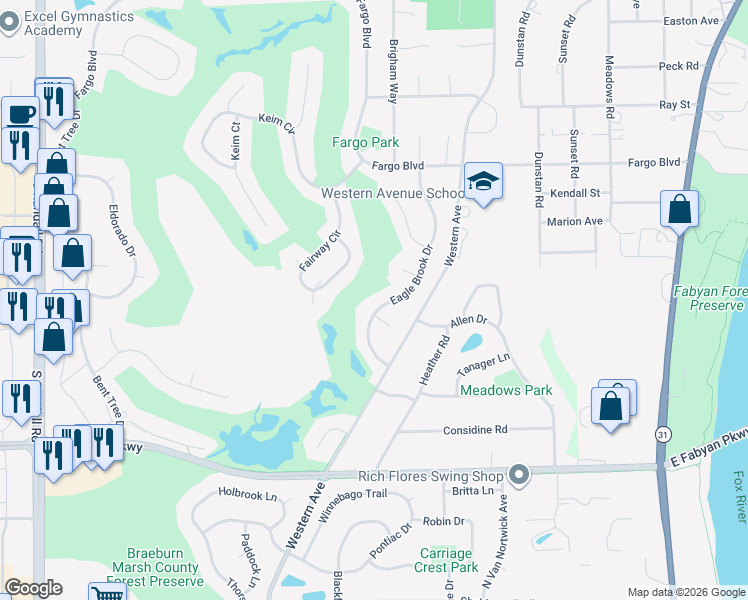 map of restaurants, bars, coffee shops, grocery stores, and more near 1666 Eagle Brook Drive in Geneva