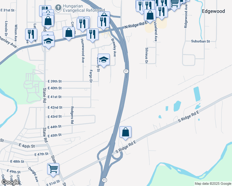 map of restaurants, bars, coffee shops, grocery stores, and more near 3912 Resolution Avenue in Ashtabula