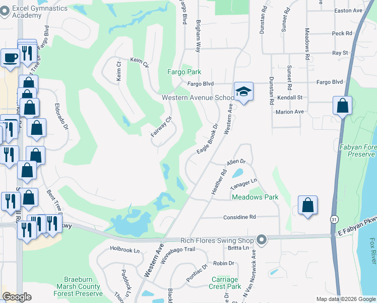 map of restaurants, bars, coffee shops, grocery stores, and more near 1666 Eagle Brook Drive in Geneva