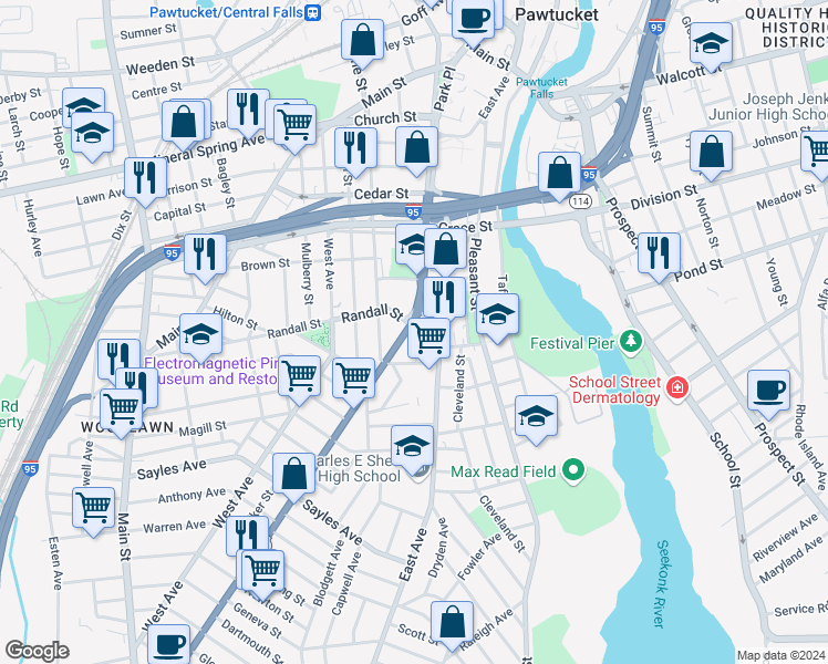 map of restaurants, bars, coffee shops, grocery stores, and more near 166 Pawtucket Avenue in Pawtucket