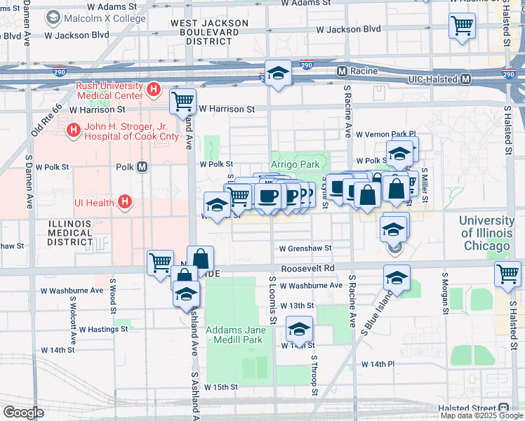 map of restaurants, bars, coffee shops, grocery stores, and more near 927A South Loomis Street in Chicago