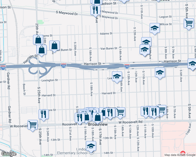 map of restaurants, bars, coffee shops, grocery stores, and more near 1709 Lexington Street in Maywood
