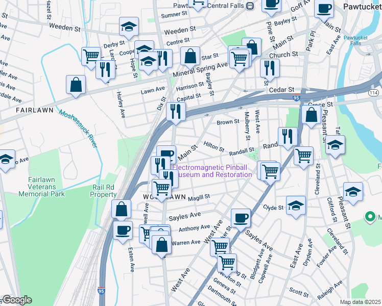 map of restaurants, bars, coffee shops, grocery stores, and more near 802 Main Street in Pawtucket